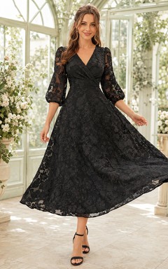 Black V-Neck Three-Quarter Lace Sleeve A-Line Tea Wedding Guest Dress