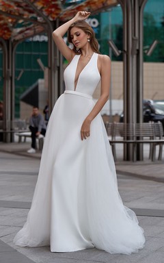 Sexy Plunged Sleeveless Satin Sheath Wedding Dress with Tulle Skirt