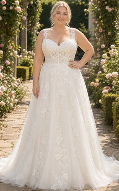 Brautkleid in A-Linie mit Spitze in Übergröße, V-Ausschnitt