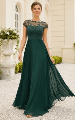 Elegantes, dunkelgrünes Chiffonkleid in A-Linie, bodenlang, mit hohem Kragen und Spitze