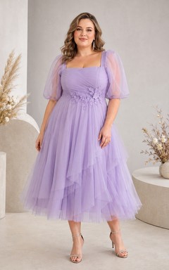 Lavender Tulle Square Neck Three-quarter Sleeve Plus Size Midi Dress