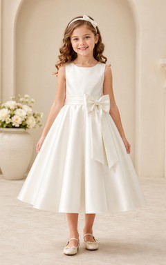 Vestido de niña de las flores, color marfil, satén, corte en A, sin mangas, cuello joya, largo hasta la rodilla, detalle de lazo.