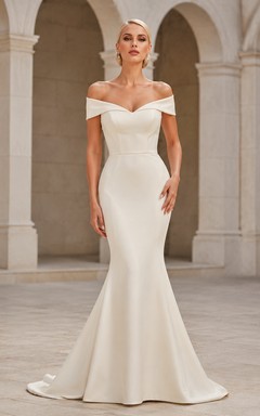 Robe de mariée sirène sculptée, longue jusqu'au sol, épaules dénudées, manches courtes, en satin élégant