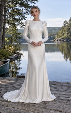 Bateau-Neck Long-Sleeve Charmeuse Wedding Dress with Buttoned Back and Sweep Train