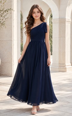Dunkelblaues Brautjungfernkleid für junge Mädchen, A-Linie, One-Shoulder, ärmellos, elegant