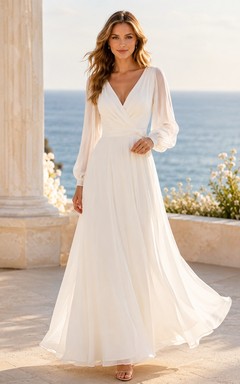 Long Sleeve V-Neck Chiffon A-Line Beach Wedding Dress