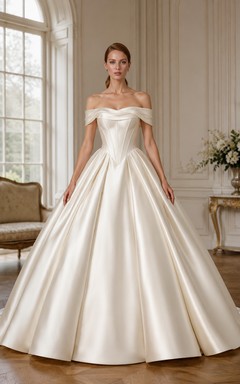 Robe de mariée minimaliste en satin, robe de bal à épaules dénudées et traîne.