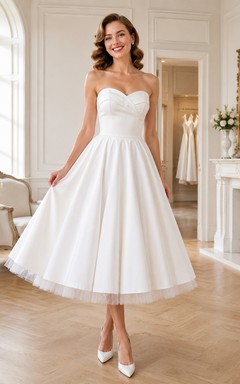 White Strapless Sweetheart Satin A-Line Tea-Length Vintage Cocktail Party Dress
