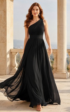 Black One-Shoulder Sleeveless Chiffon A-line Floor-length Sexy Modern Formal Gown
