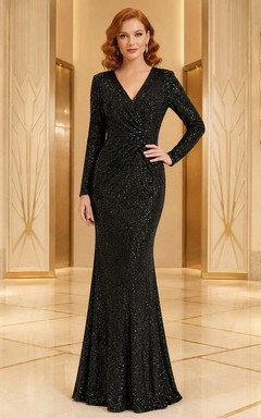Onyxfarbenes Paillettenkleid im Meerjungfrauenstil mit V-Ausschnitt, langen Ärmeln und bodenlangem Glitzer-Finish