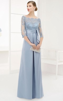 Vestido de fiesta de satén de corte A, largo hasta el suelo, con apliques, escote barco y mangas 3-4, adornado con pedrería.