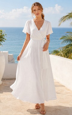 White Short Sleeve V Neck Wrap Beach Vacation Maxi Dress