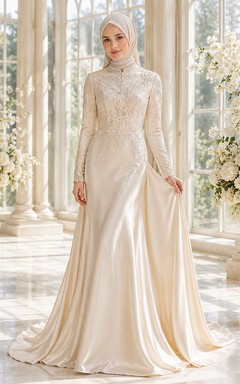 Petite Muslim Long Sleeve Lace Satin Sheath Wedding Dress