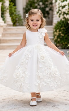 Luxury Baby Baptism Christening Ceremony Gown Ball Gown Tea-Length Jewel Neck Sleeveless Tulle Lace 3D Flower Floral Detail Floral Applique Button Back