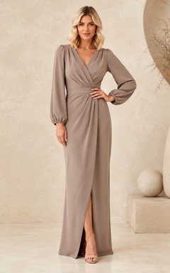 Taupe Jersey Surplice V-Neck Long Sleeve Sheath Floor-length Dress