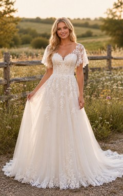 Brautkleid im Landhausstil mit Spitze, A-Linie, V-Ausschnitt, kurzen Ärmeln, Schleppe und tiefem V-Ausschnitt am Rücken