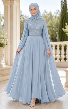 Robe de bal en mousseline bleu ciel, col montant, manches cape, style modeste