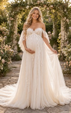 Vestido de novia premamá con hombros descubiertos, encaje, tul, estilo jardín, mangas con volantes y cola de corte.