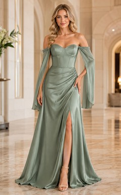 Sage Off Shoulder Satin Detachable Sleeve Slit Gown