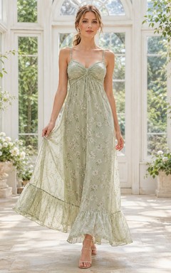 Sage Green Floral Lace Spaghetti Strap Empire Ankle-Length Boho Garden Dress