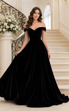Evening Gown Black Velvet Ball Gown Off Shoulder Short Sleeve Sweep Train