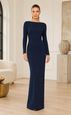 Vestido formal de corte recto azul marino oscuro de manga larga con escote barco y falda minimalista hasta el suelo.