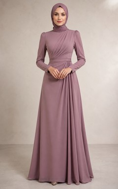 Mauve Modest High Neck Chiffon Formal Dress