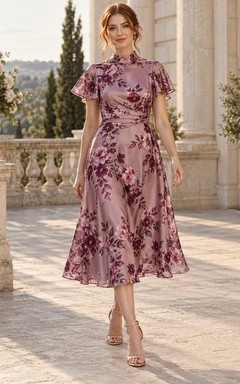 Vestido de invitada vintage color malva con estampado floral, corte en A, cuello joya, manga corta y largo midi.