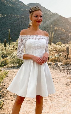 Casual A Line Lace 3/4 Length Sleeve Illusion Wedding Dress with Ruching