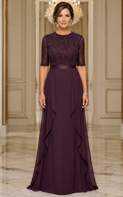 Pflaumenfarbenes A-Linien-Chiffonkleid für die Mutter der Braut mit Paillettenspitzen-Oberteil