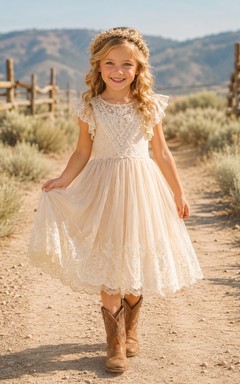A-Line Flowergirl Floral Lace Tulle Tea-Length Cap Sleeve Western Wedding Dress