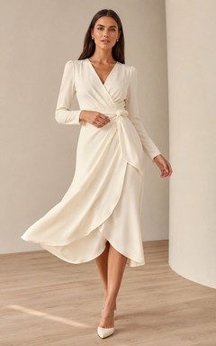 Schlichtes, asymmetrisches Chiffon-Brautkleid mit V-Ausschnitt, langen Ärmeln und drapiertem Schnitt für standesamtliche Hochzeiten