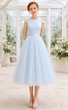 Brautjungfernkleid „Mist Junior“ – A-Linie, Teelänge, U-Boot-Ausschnitt, ärmellos, voluminöser Rock, romantisch