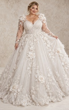 Vestido de novia de talla grande con escote en V, manga larga y estampado floral, con cola de tul bordada.