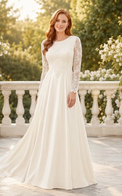 Robe de mariée trapèze à col montant et manches longues en dentelle, style temple, d'une élégance sobre.