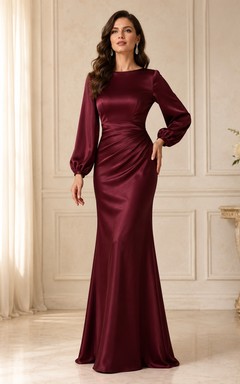 Modest Burgundy Jewel Neck Long Poet Sleeve Satin Mermaid Floor-Length Gown