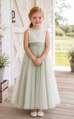 Salbeigrünes, ärmelloses A-Linien-Blumenmädchenkleid aus Spitze und Tüll mit Rundhalsausschnitt und Teelänge