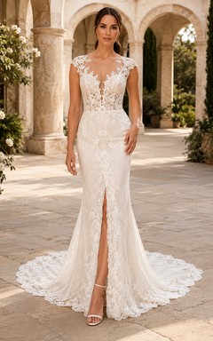 Vestido de novia de encaje con escote ilusión floral y abertura, estilo sirena.