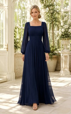 Robe de soirée bleu marine foncé en mousseline, coupe trapèze, col carré, manches longues, longueur au sol