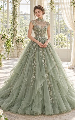 Sage Green High Neck Cap Sleeve Layered Tulle Wedding Dress