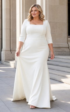 Robe de mariée en satin à col carré et manches trois-quarts, grande taille, à prix abordable