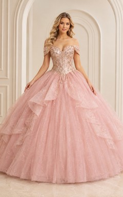 Blushing Pink Rose Gold Off Shoulder Metallic Brocade Quinceanera Princess Ball Gown