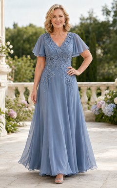 Slate Blue Floor-Length A-Line Romantic Mother of the Bride Chiffon Gown with V-Neck Flutter Sleeves and Floral Lace Bodice