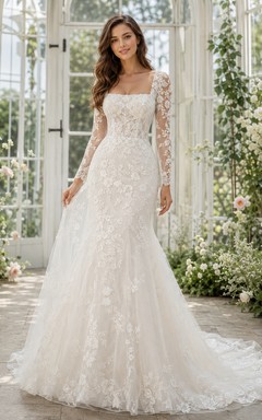 Romantic Square Neck Lace Wedding Mermaid Illusion Long Sleeves Chapel Train
