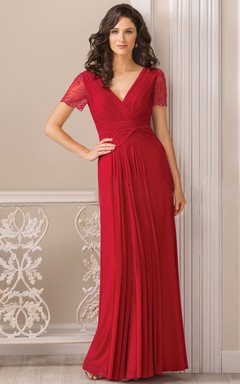 Short-Sleeved V-Neck Long Mother Of The Bride Dress With Pleats And Beadings