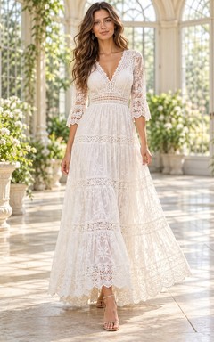 Boho White V-Neck Elbow Sleeve Banded Lace Maxi Dress
