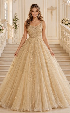 Champagne Lace Beaded Sweetheart Tulle Full Ball Gown