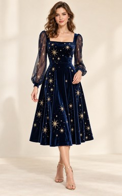 Dark Navy Square Neck Sheer Poet Sleeve Velvet Cocktail Dress