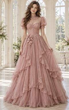 Victorian Dusty Rose Puff Sleeve Lace Corset Tiered Tulle Dress