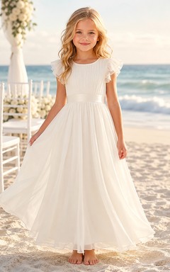 Blumenmädchenkleid aus elfenbeinfarbenem Tüll, A-Linie, Rundhalsausschnitt, knöchellang, mit Schärpendetails